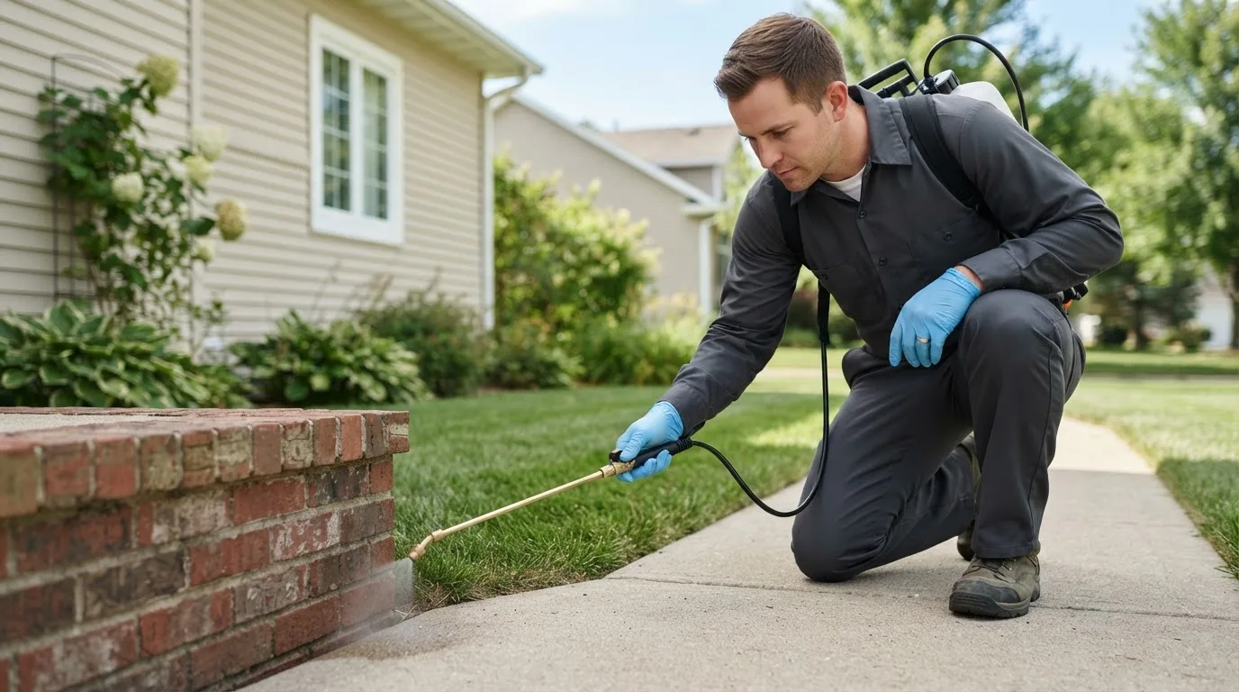 Pest control technician treating a home near Dover, NH